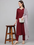 Janasya Women's Maroon Crepe Solid Straight Festival Kurta Set