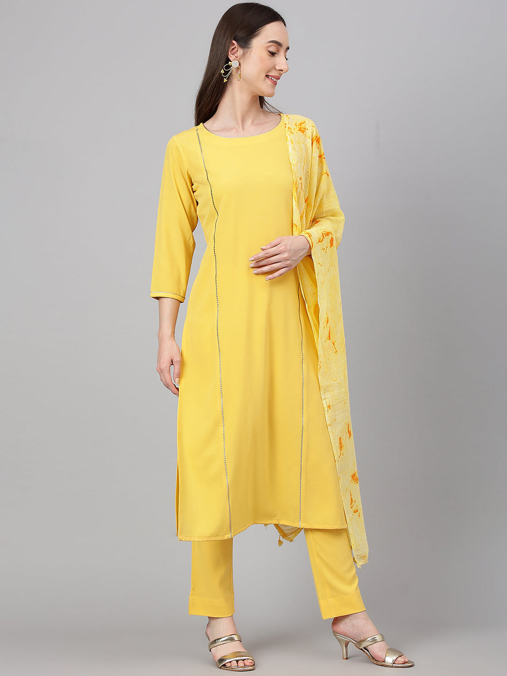 Janasya Women's Yellow Crepe Solid Straight Festival Kurta Set