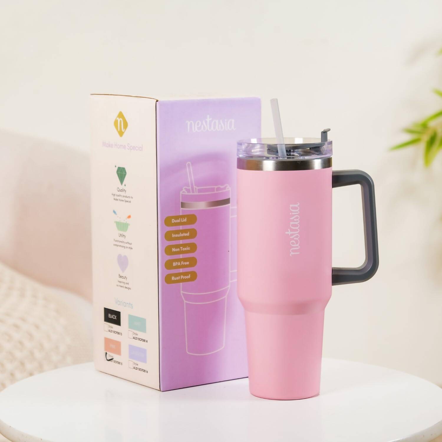 Nestasia Tumbler with Handle Straw & Lid - 1.2L (Pink)
