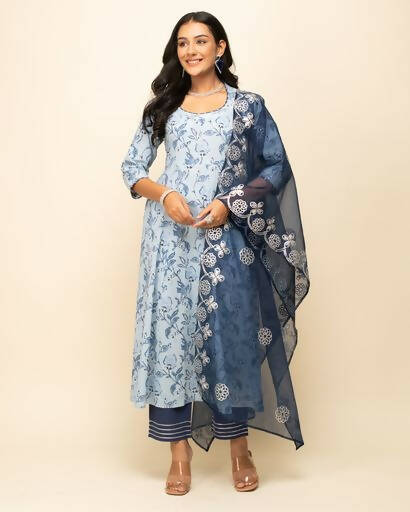 FIORRA Women's Light Blue Cotton Flared Kurta Pant with Dupatta