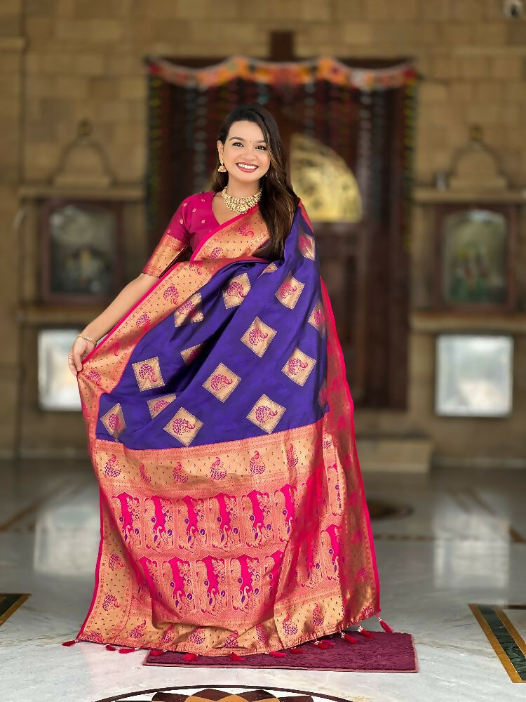 PR Fashion Violet Soft Banarasi Silk With Zari Weaving Meenakari Design Saree