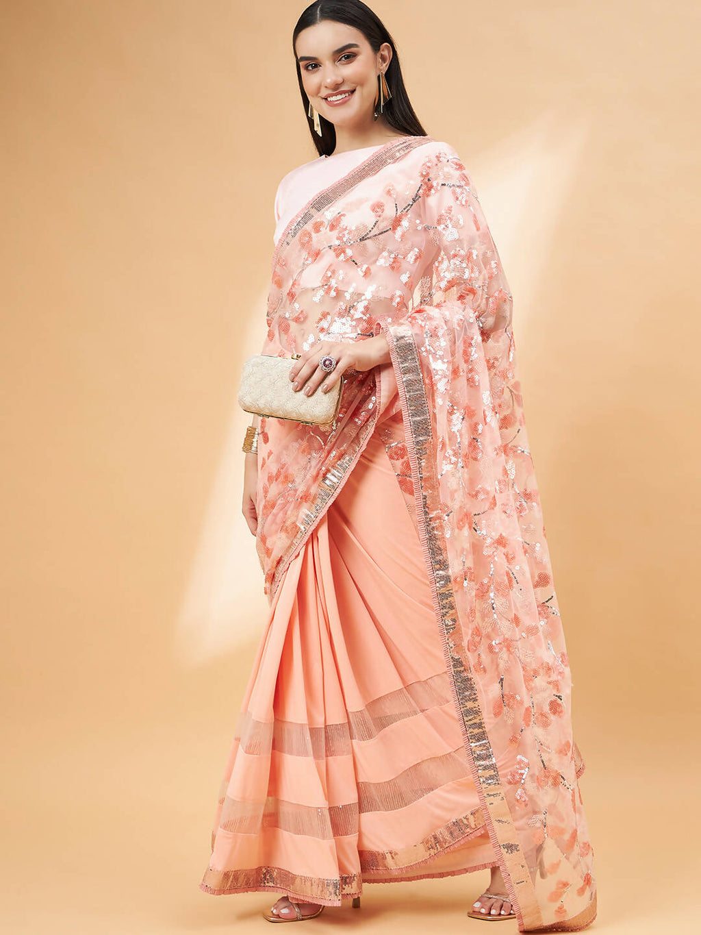 Peach Lycra Sequin Embroidery And Frills Saree - Norita Hit Design