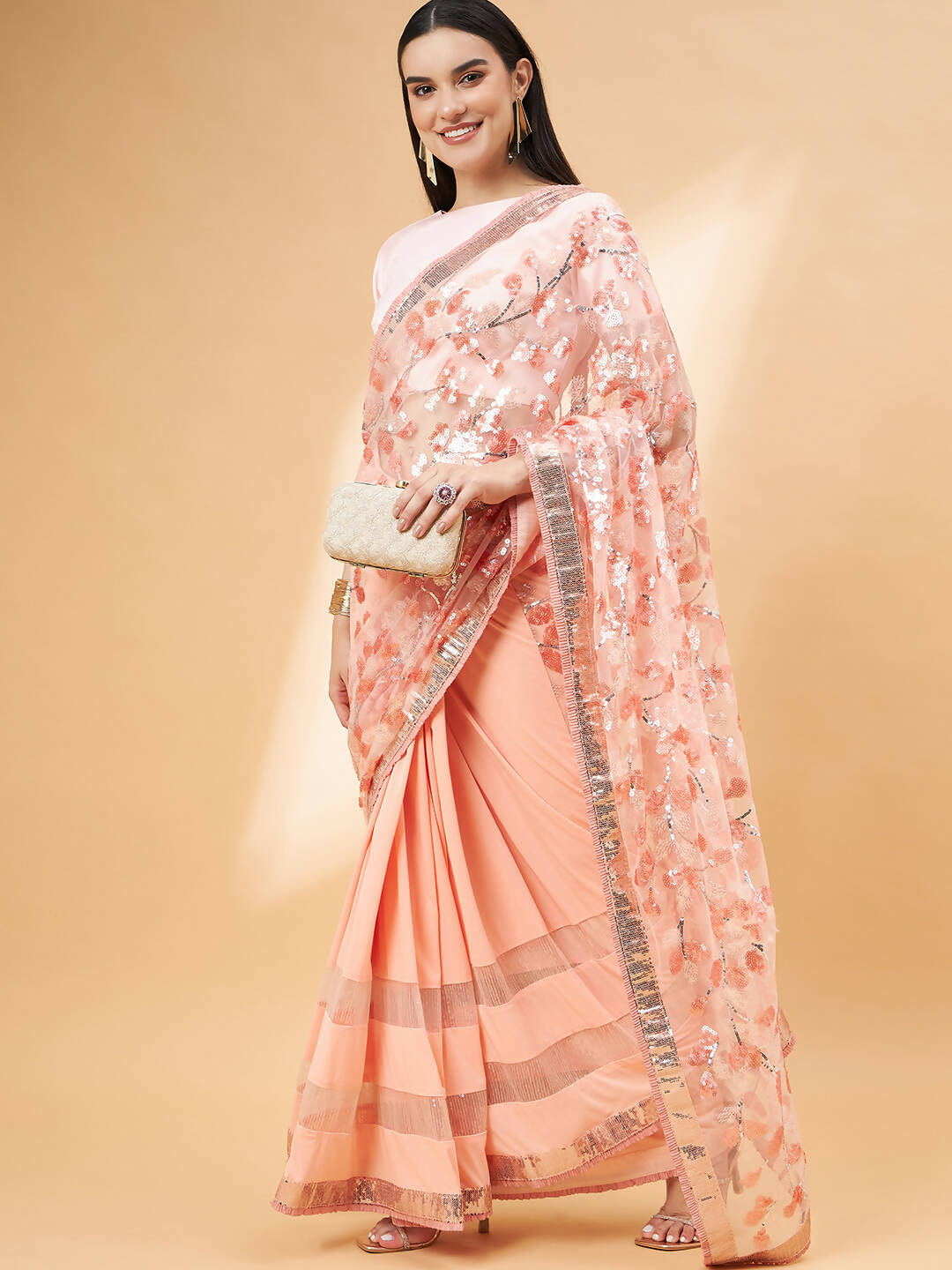 Peach Lycra Sequin Embroidery And Frills Saree - Norita Hit Design