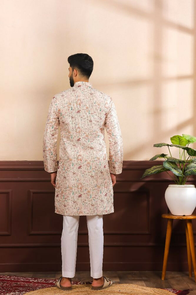 Beige Art Silk Digital Printed, Embroidery Work Kurta Set - Mahotsav