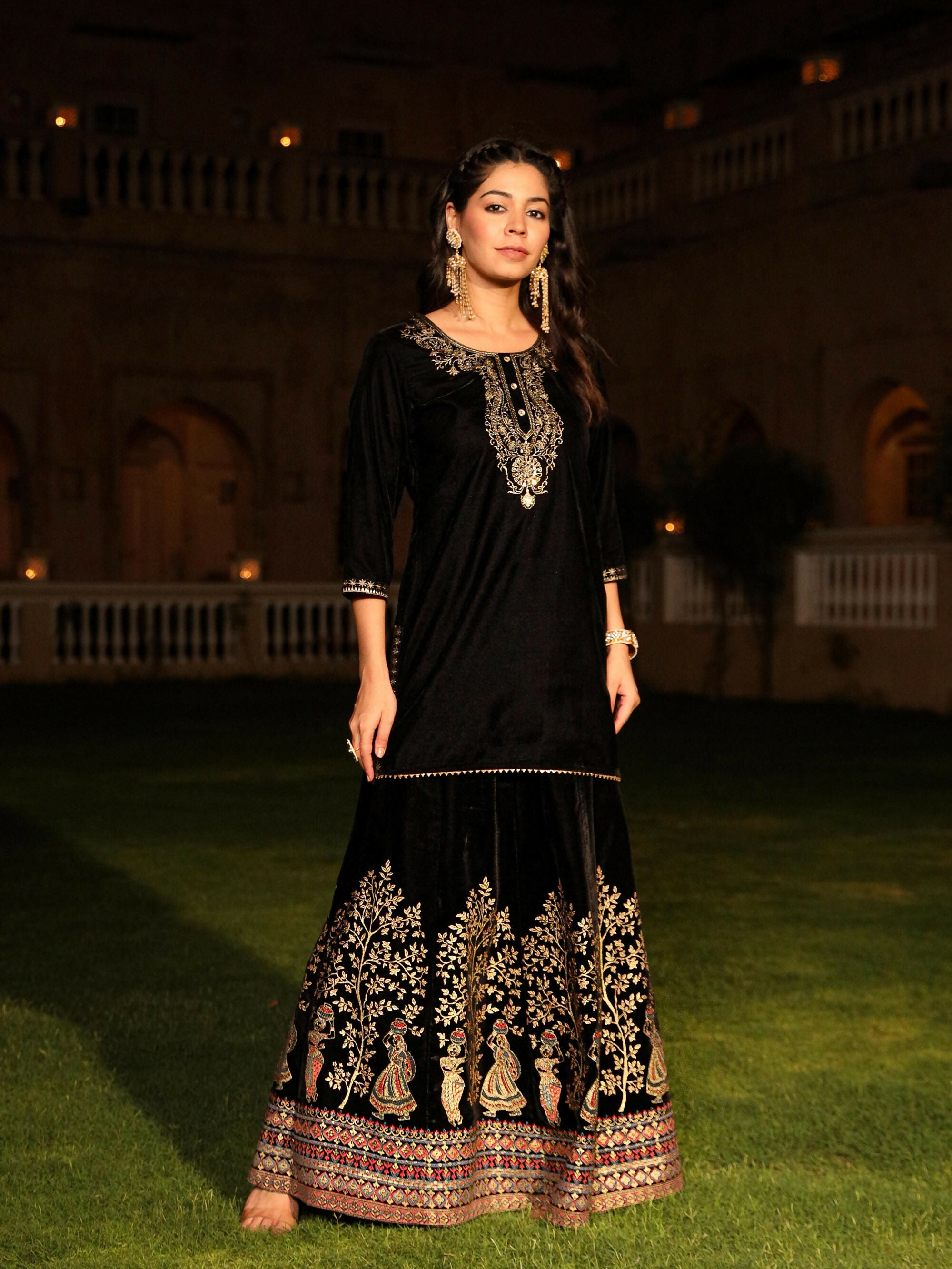 Juniper Women's The Sunehri Black Zari Embroidered Velvet Top & Skirt Set With Sequins & Buttons