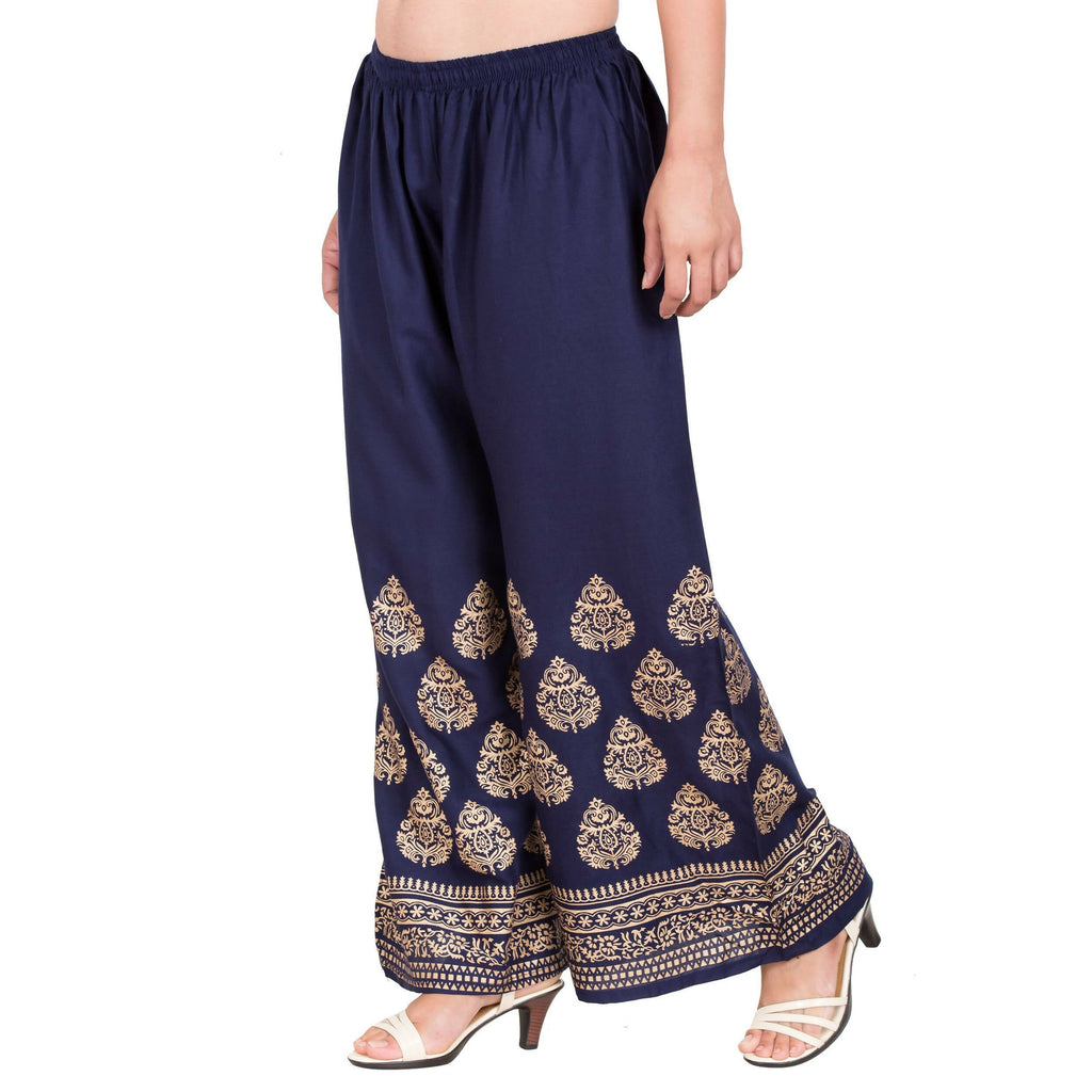 PAVONINE Navy Blue Color Golden Printed Rayon Fabric Sharara For Women & Girls
