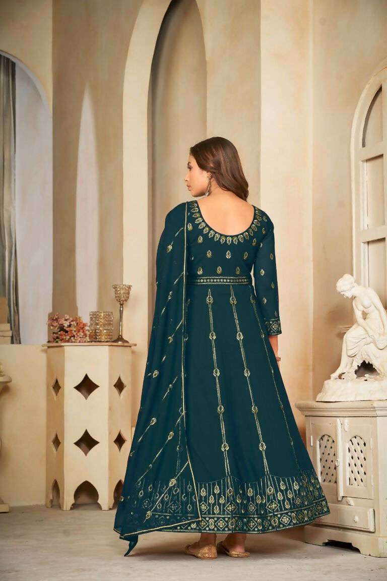 Jyoti Fashion Women's Rama Georgette Embroidered Anarkali Kurta Pant Set With Dupatta