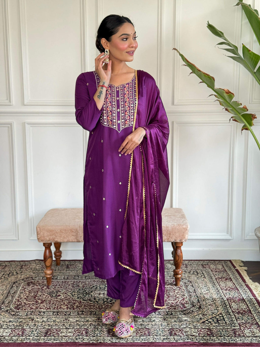 Partywear Designer Ryon Slub Wine Stitched Suit With Dupatta - Anbazaar