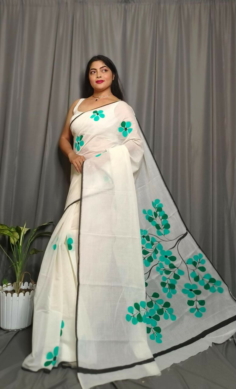 Exclusive Collection Beautiful White Green Pure Cotton Hand Print Handloom Saree With Running Blouse Piece
