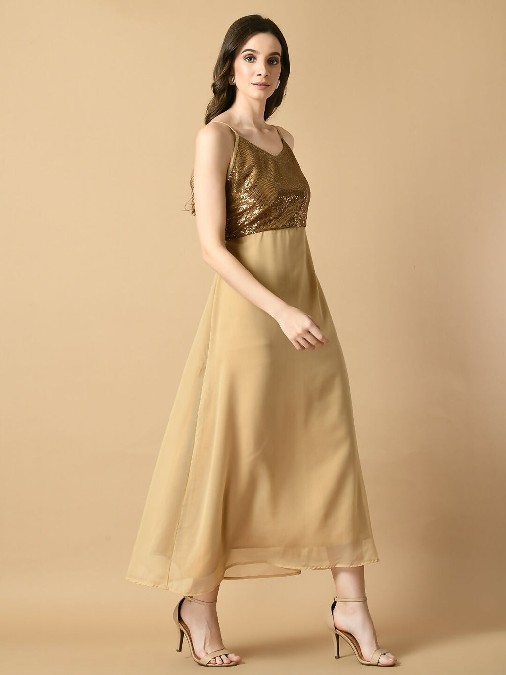 Myshka Women's Beige Solid Georgette Party Dress