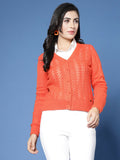 Women Pointelle Rust Acrylic Winter Cardigan - Wool Trees