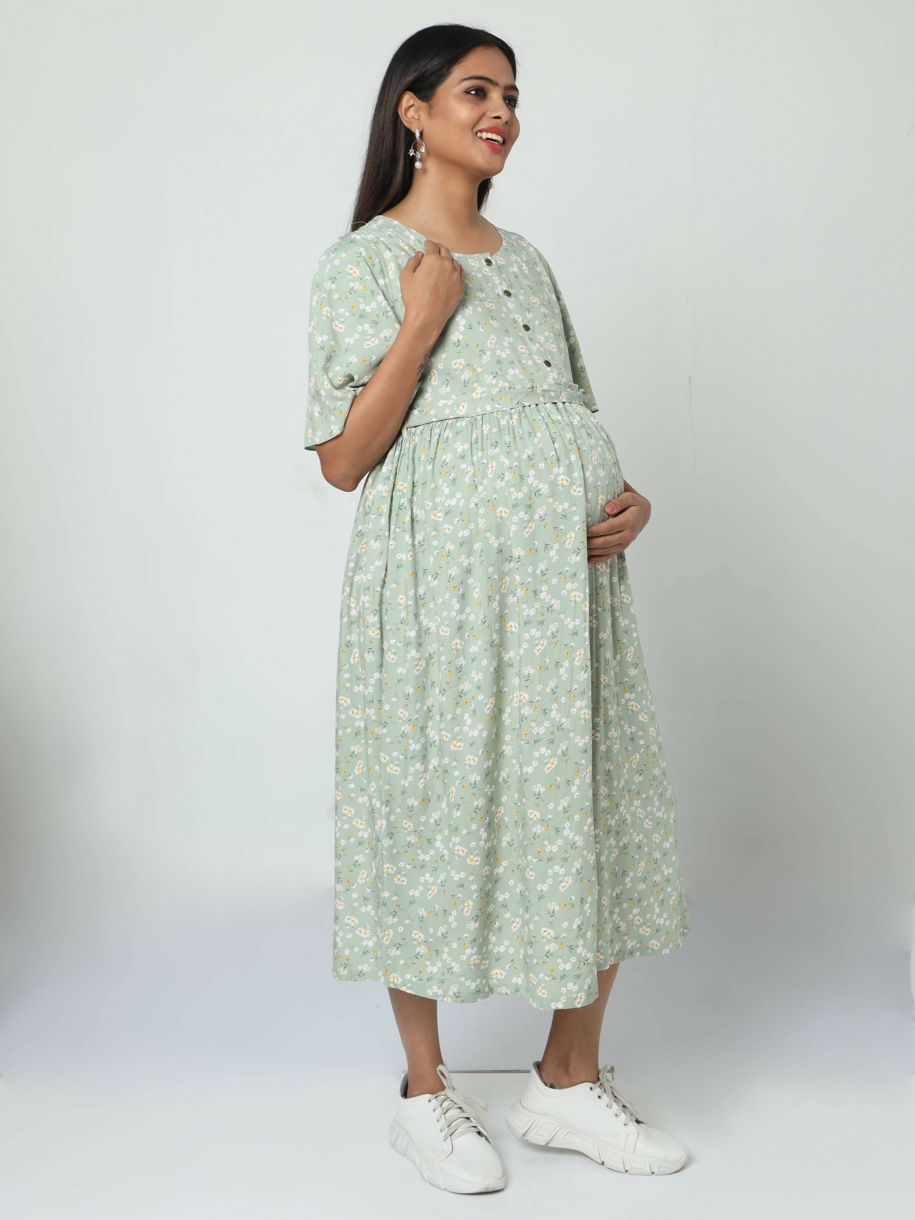 Manet Frill Slevees Maternity Dress Floral Print With Concealed Zipper Nursing Access - Green