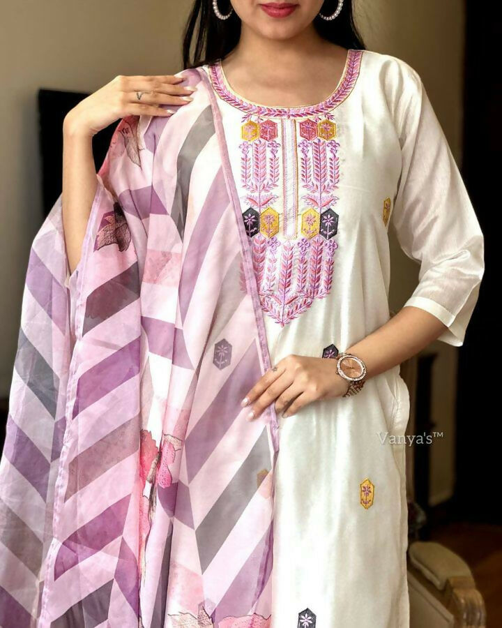 The52 Off White Women's Gorgeous Embroidered Viscose Chanderi Fabric Straight Kurta Pant with Dupatta Set