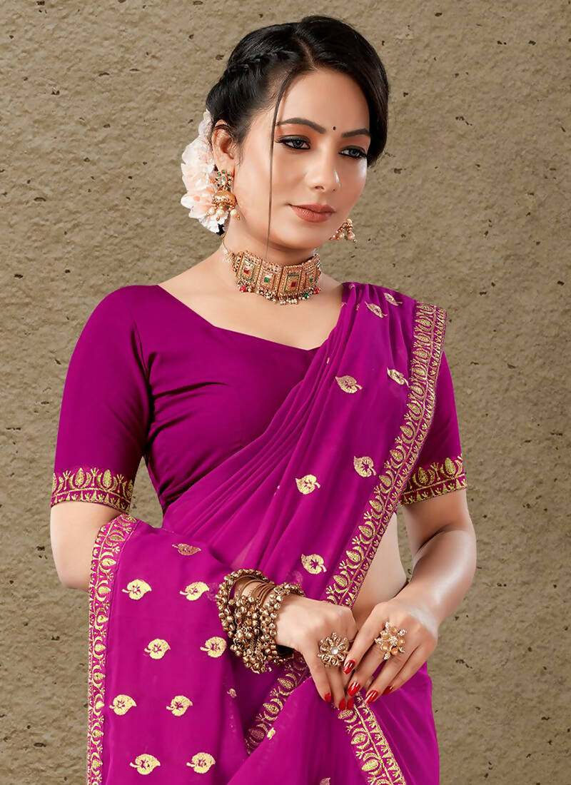 Purple Georgette Embroidered Saree with Unstitched Blouse Piece - Avika