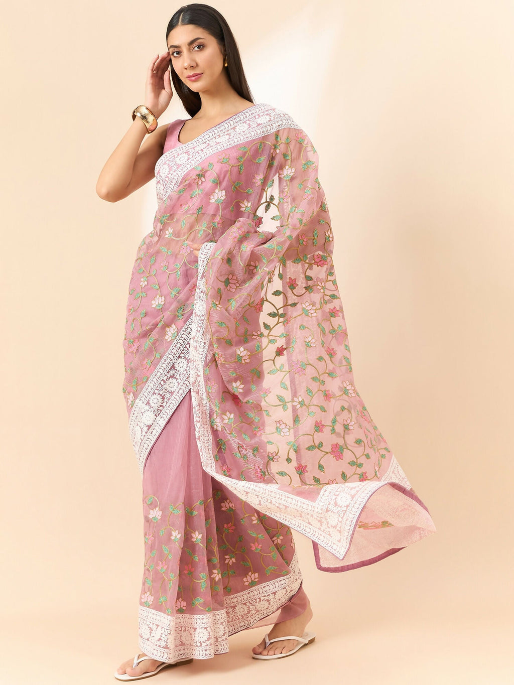 Pink Organza Floral Embroidered Saree with Unstitched Blouse Piece - Roozal