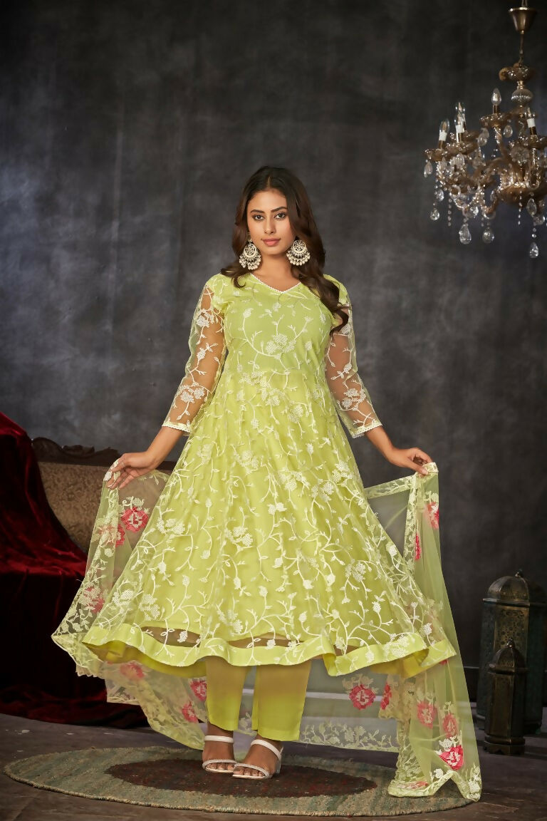 Jyoti Fashion Women's Pista Net Embroidered Anarkali Kurta Pant Set With Dupatta