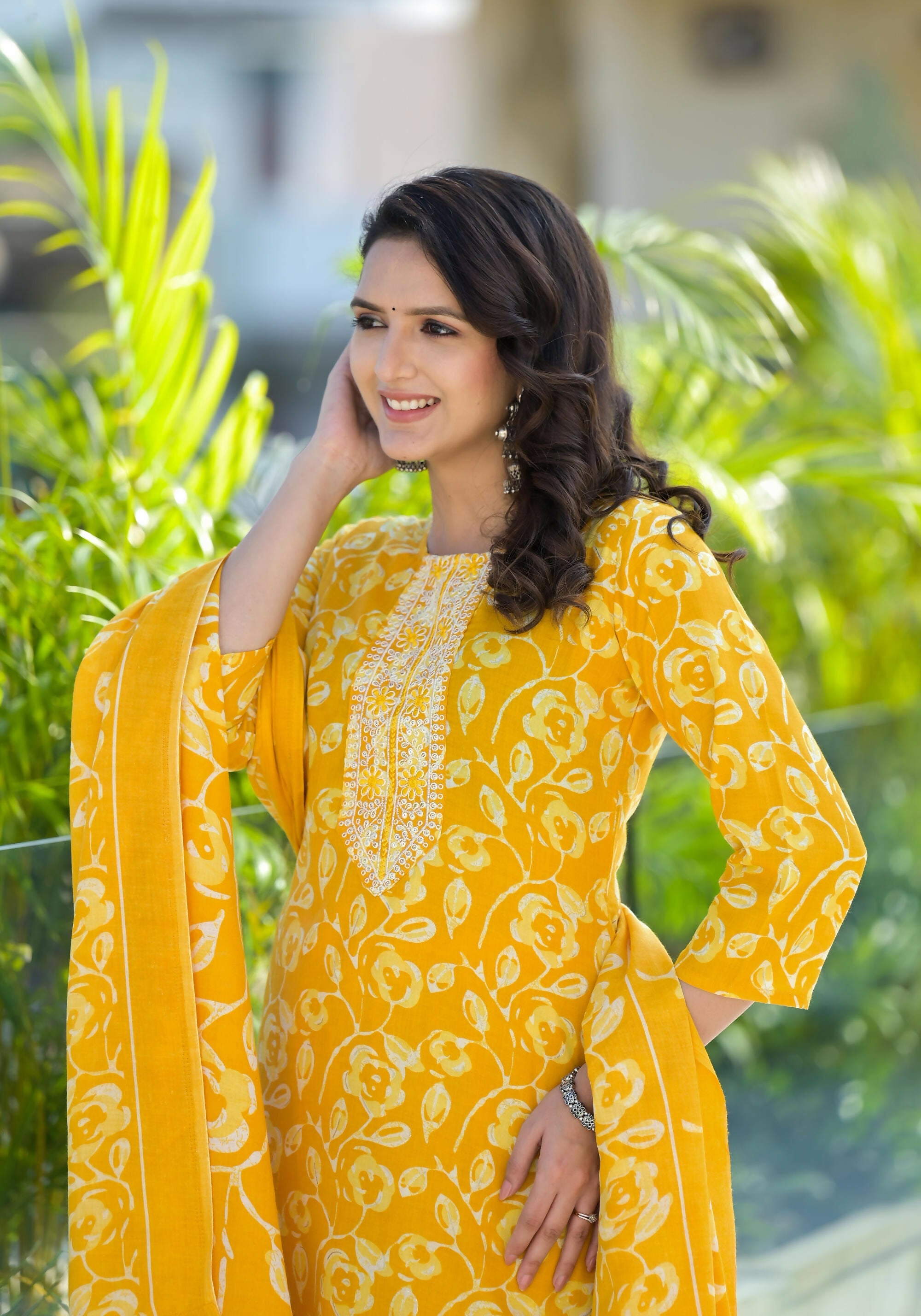 Juniper Women's Mustard Floral Printed Cotton Kurta Set With Thread Work & Sequins
