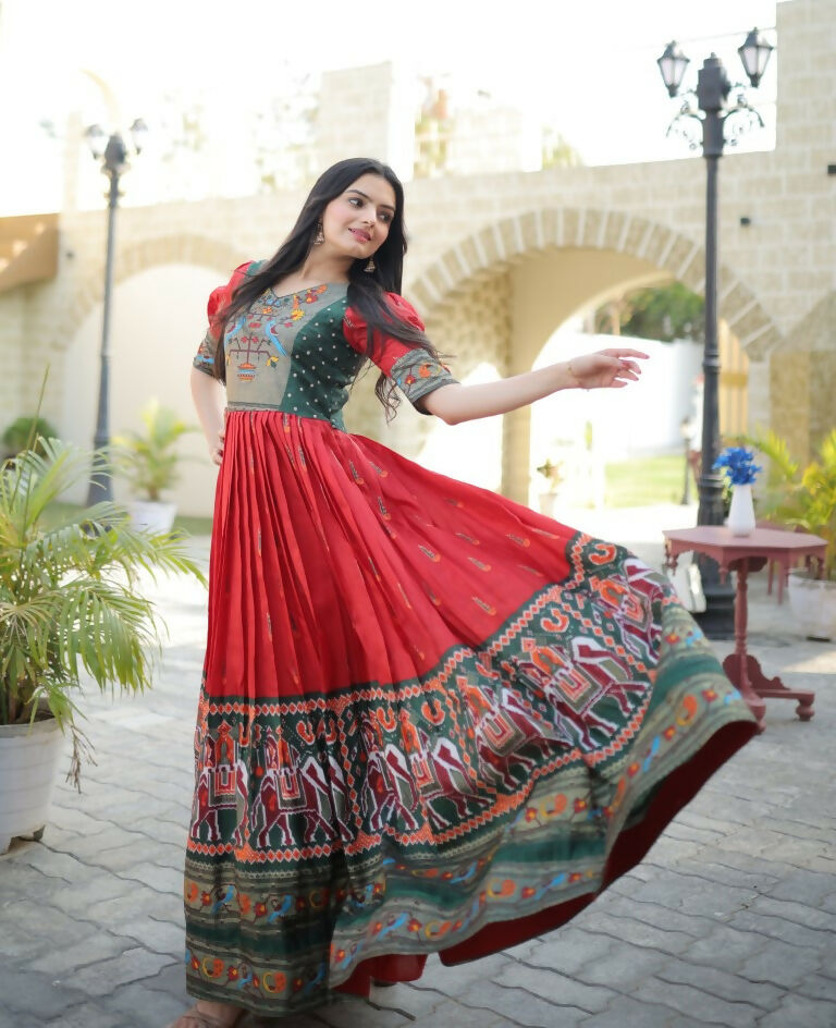 Jyoti Fashion Women's Red Patola with Foil Print Dola Silk Anarkali Dress