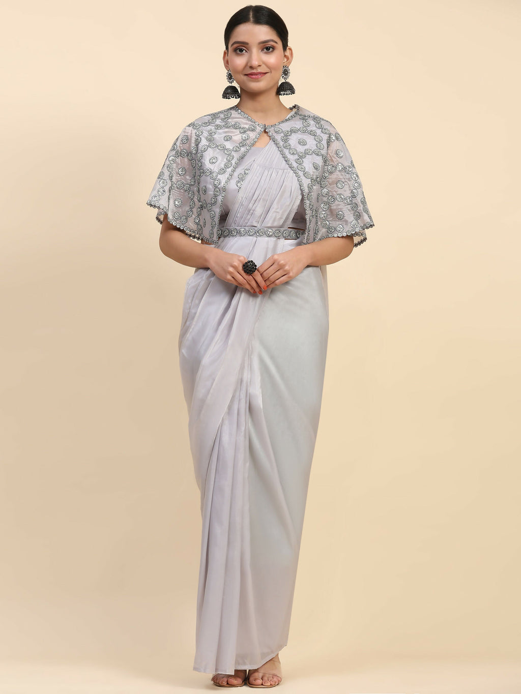 Grey Satin Solid Ready to wear Saree with stitched Blouse - Vanita