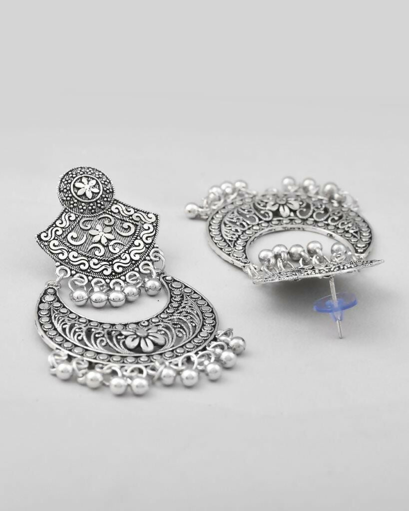 VOJ Silver Plated Oxidized Chandbali Earrings