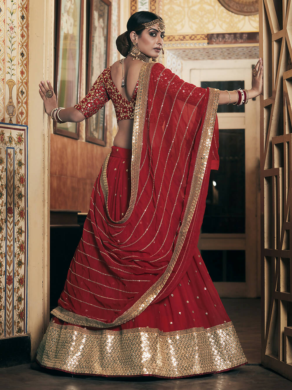 Wedding Designer Sequene Zari Resham Embroidery Red Georgette Lahengha Choli - Anbazaar