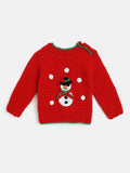 Chutput Kids Woollen Hand Knitted Full Sleeves Snowman Detail Sweater For Baby Boys With Cap - Red