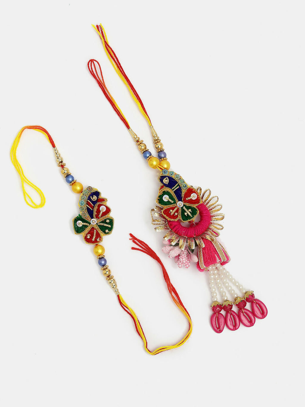 NVR Women & Men Set of 2 Multicolor Thread Work & Beaded Bhaiya Bhabhi Rakhi With Roli Chawal