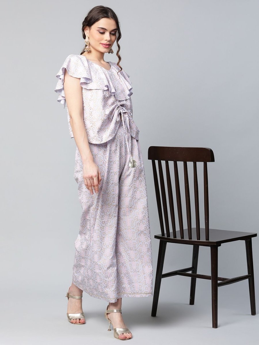 Ahalyaa Women Powder Blue Crepe Khari Printed Top with Palazzo Set