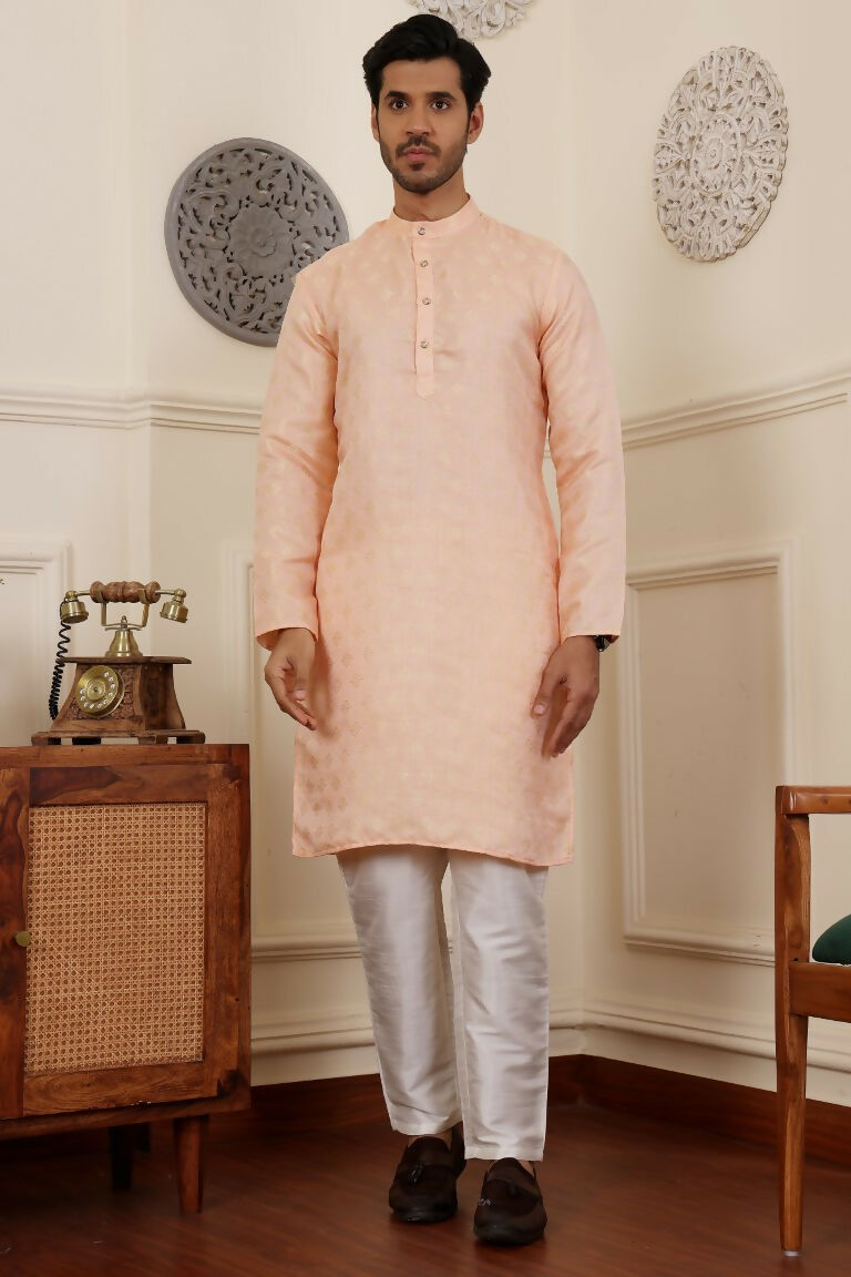 Peach Viscose Woven Jacquard Work Men's Rajwadi Kurta Set - Mahotsav