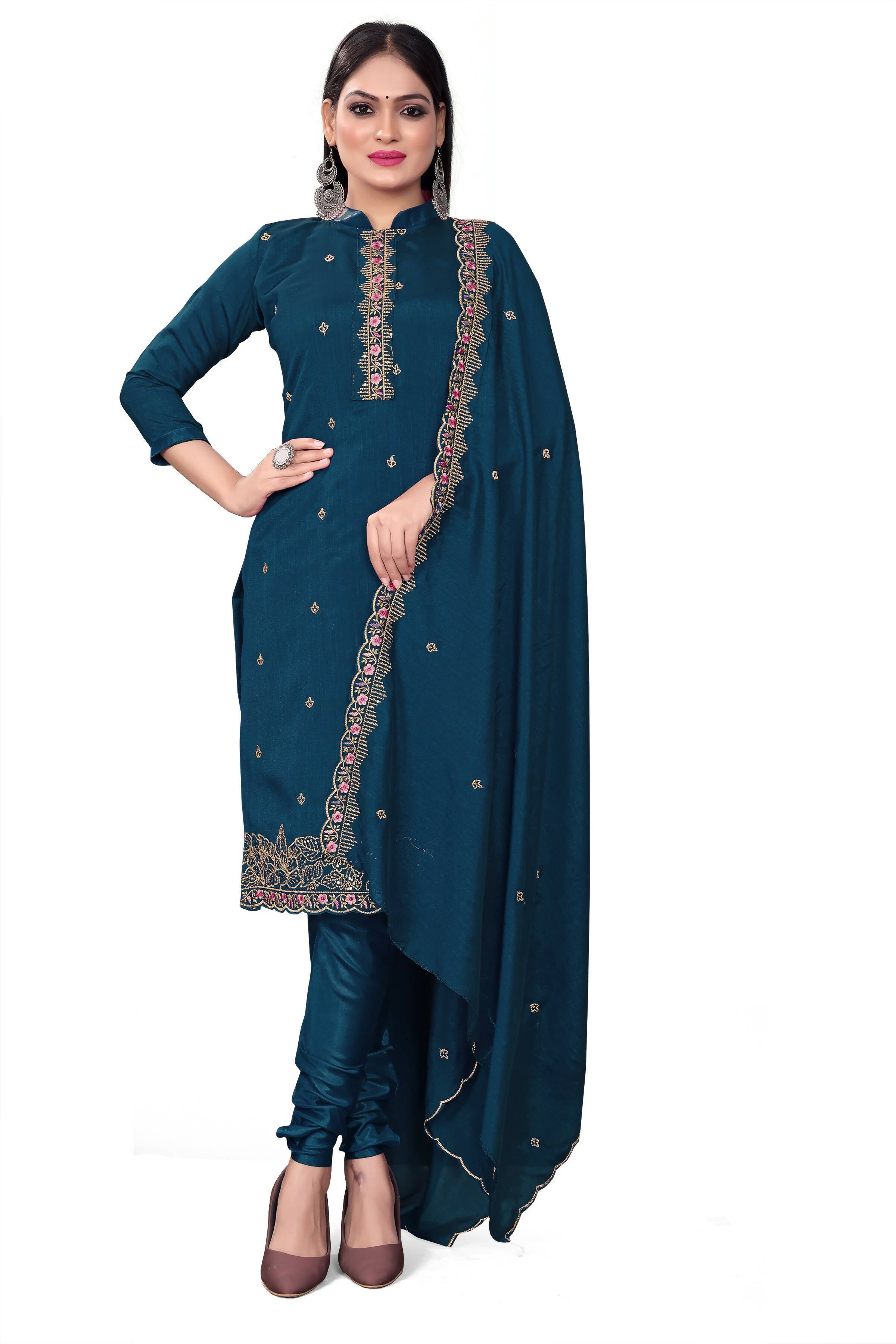 Blue Silk Embroidered with Sequins work Unstitched Dress Material - Tanvi