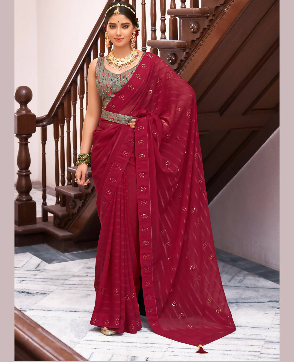 Maroon Georgette Swaroski Work Saree With Unstitched Blouse Piece - Juhi