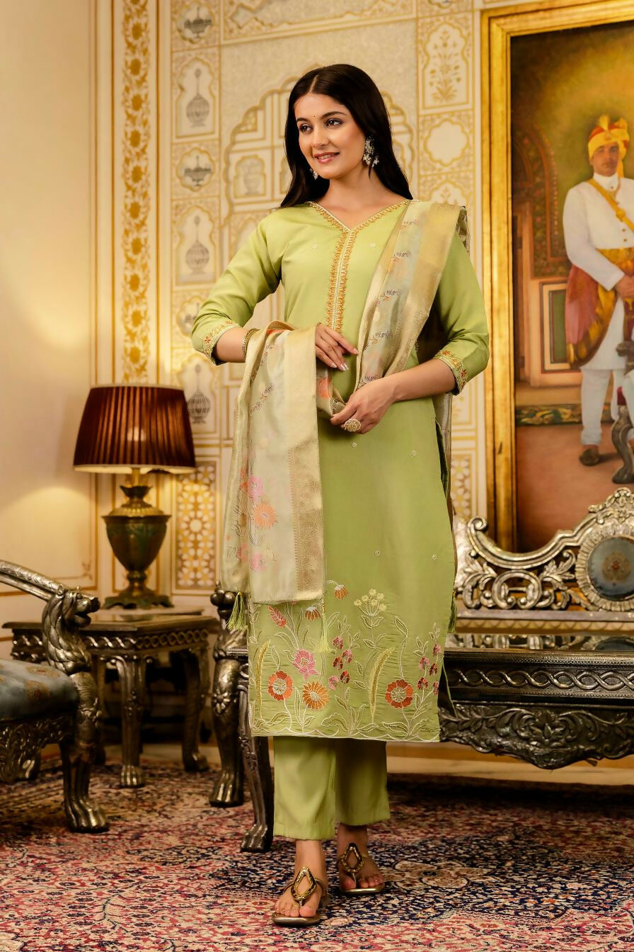 The52 Lemons Women's Beautiful Viscose Shimmer Fabric Embroidered Work Straight Kurta Pant and Dupatta Set