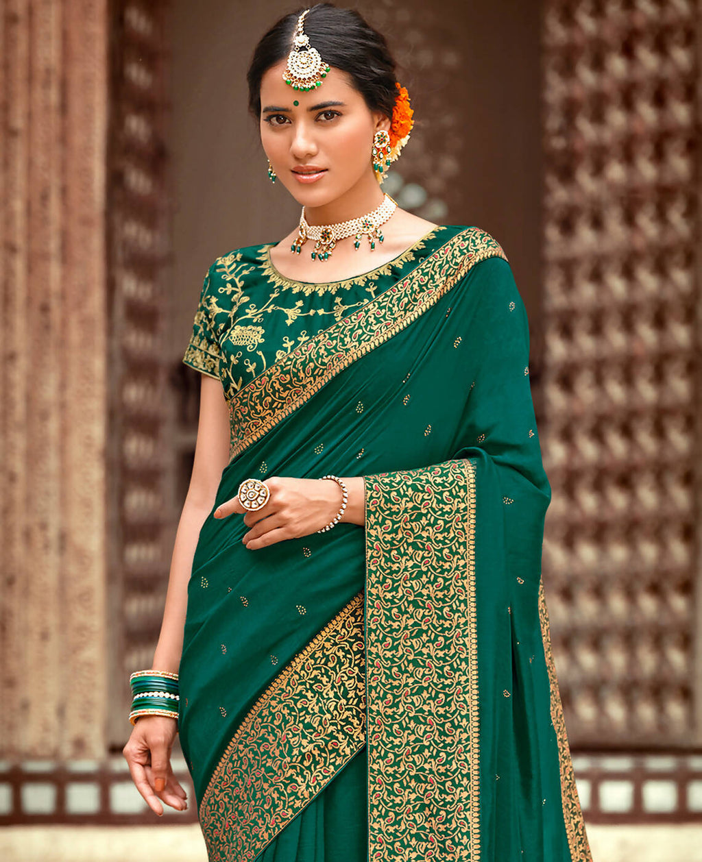 Bottle Green Vichitra Stone Work Saree With Unstitched Blouse Piece - Rosy