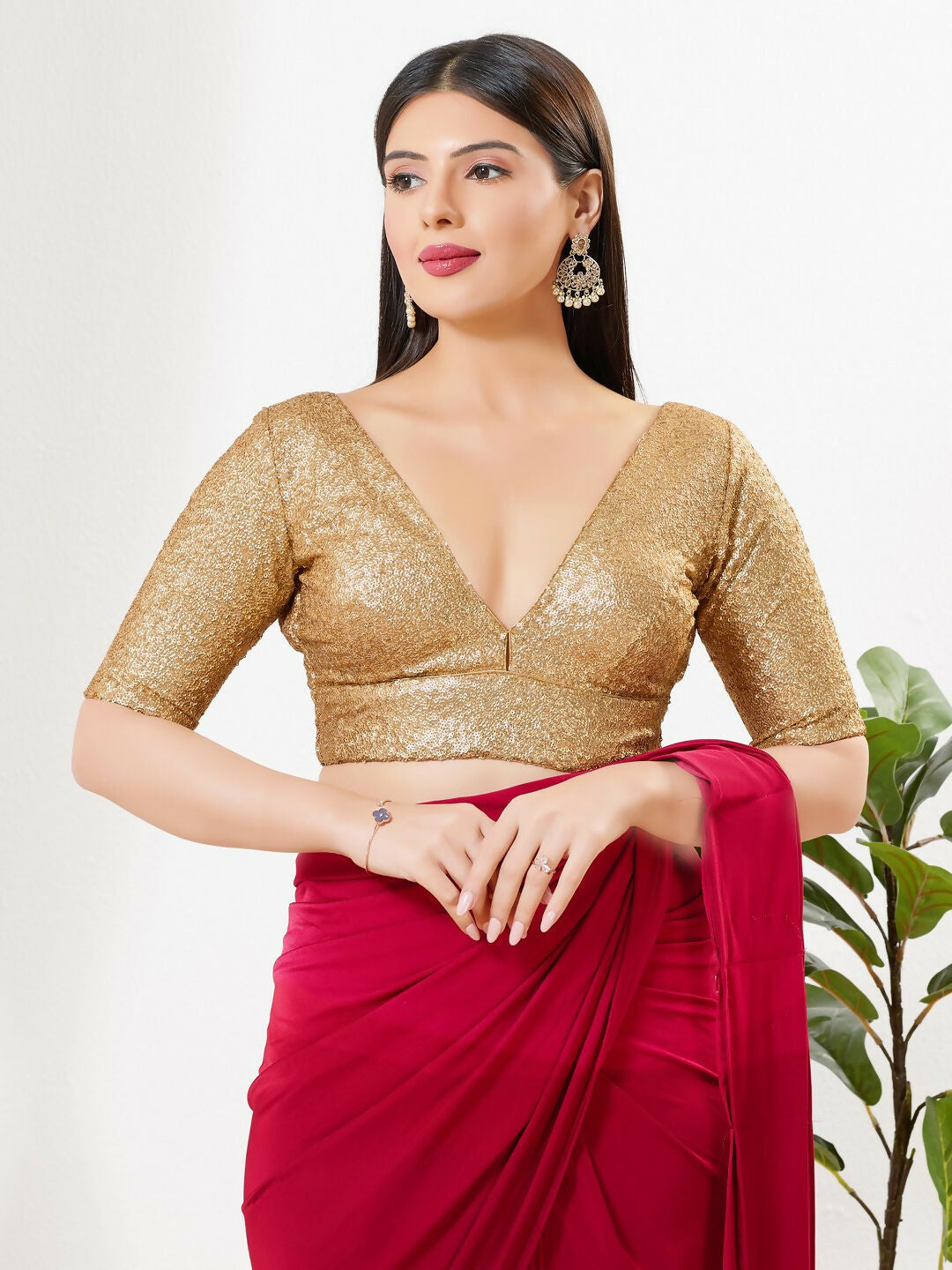 Joban Fashion Gold Silk Padded Blouse With V Neck Elbow Sleeves