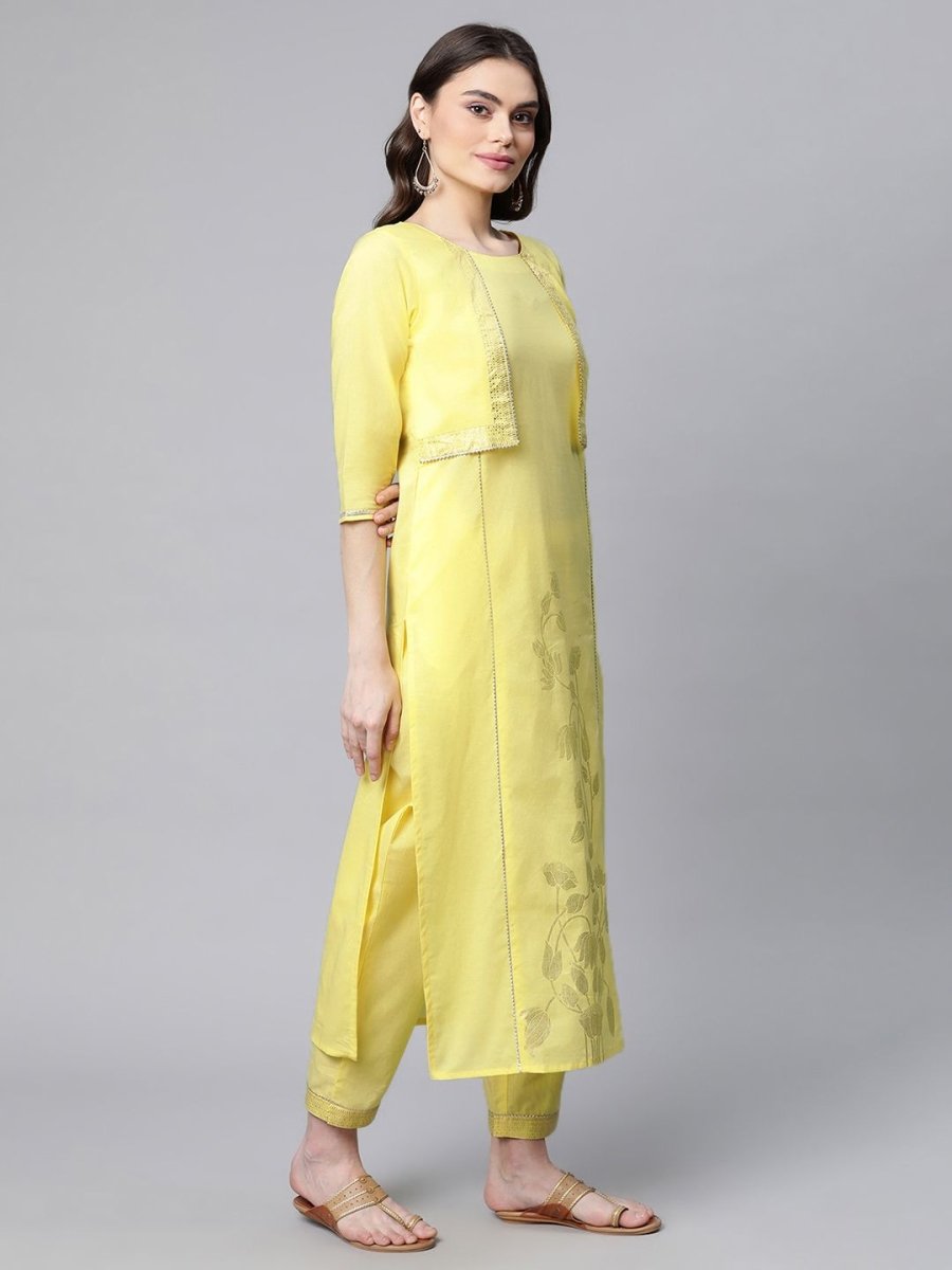 Ahalyaa Women Yellow Pure Cotton Printed Floral Kurta With Trousers