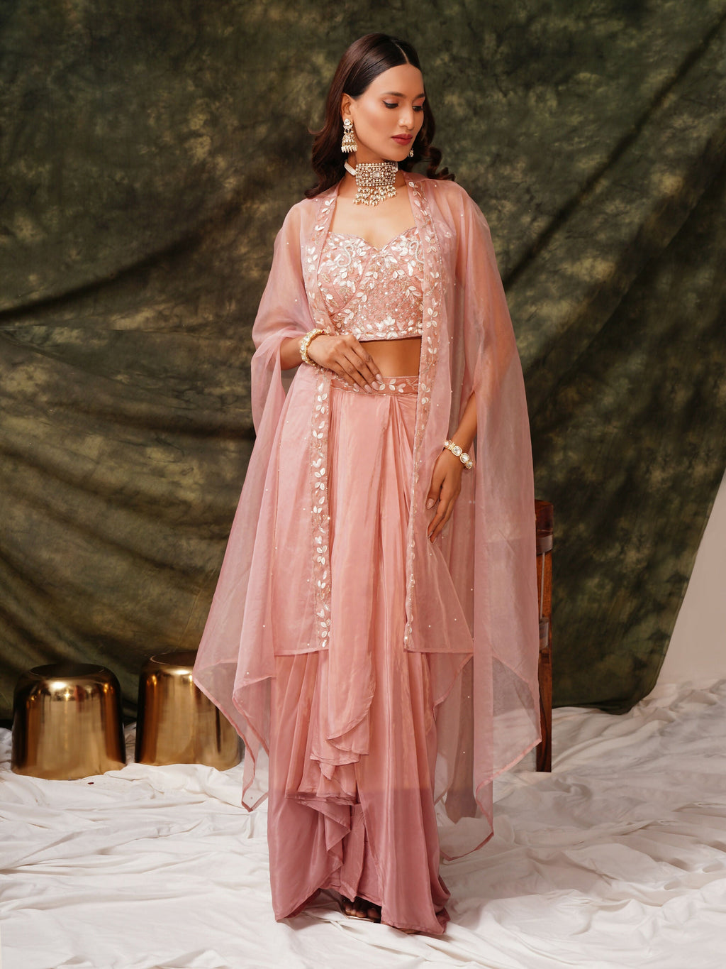 Peach Pure Crepe Handwork Top with Skirt & Shrug - Naomika