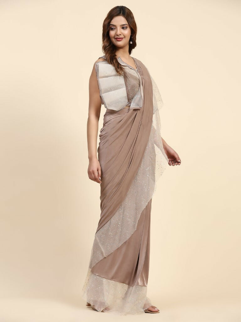 Light Brown Lycra Solid Ready to Wear Saree with stitched Blouse - Nita