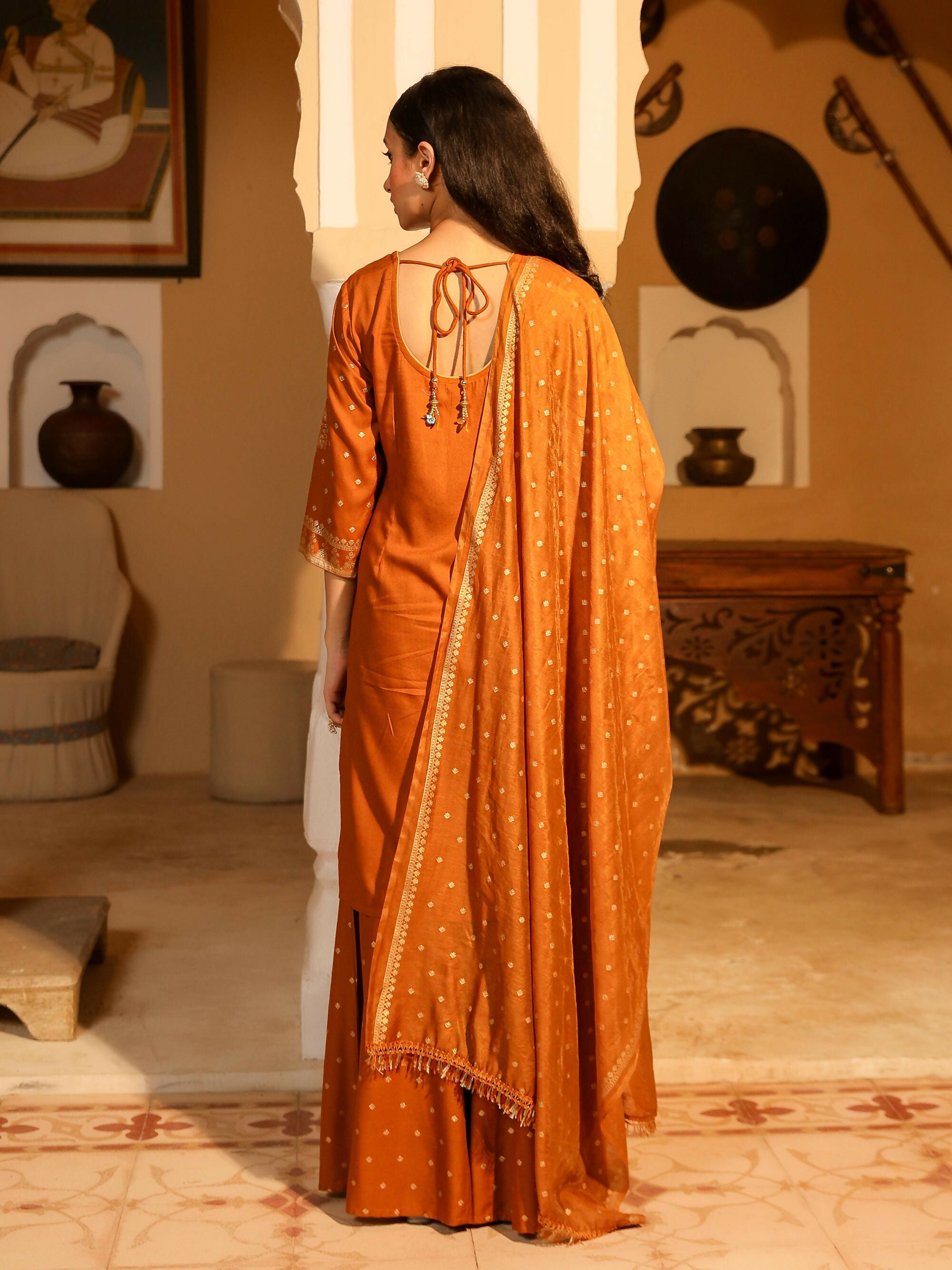 Juniper Women's The Swarn Mustard Ethnic Motif Printed Rayon Kurta Pant And Dupatta With Zari Work & Sequins