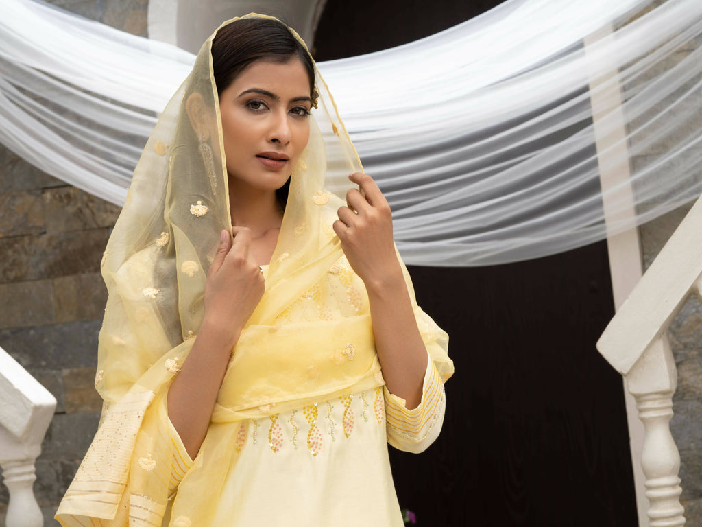 Yellow Roman Silk Plain Kurta with Pant & Dupatta - Disha