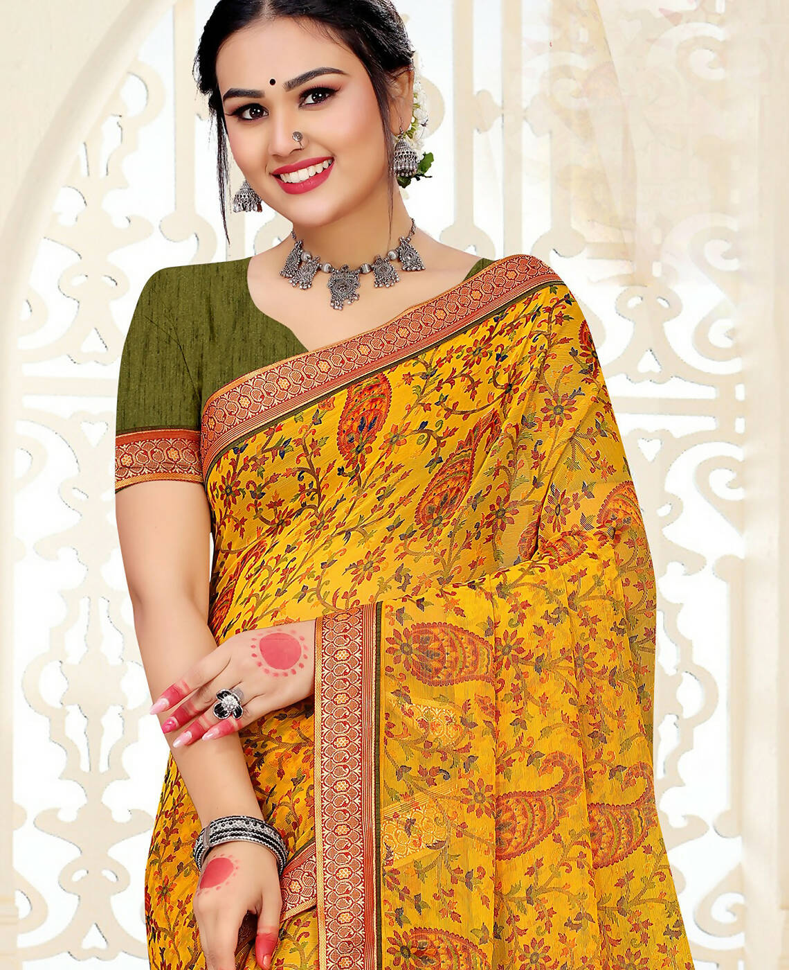 Yellow Chiffon Brasso Printed Saree With Unstitched Blouse Piece - Jyoti