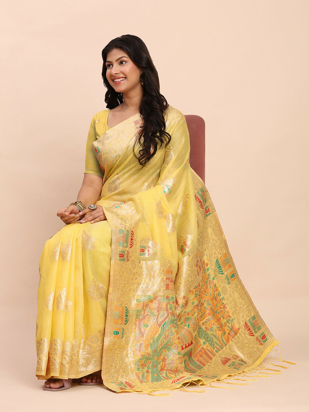 Shree Shyam Fashion Linen Cotton Yellow Saree