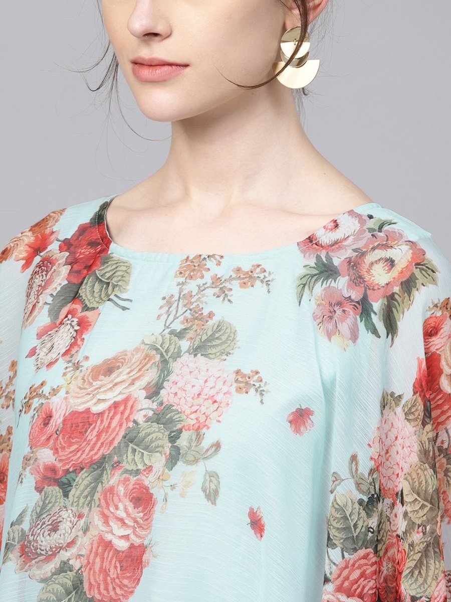 Ahalyaa Aqua Blue Poly Silk Kurta With Attached Printed Dupatta