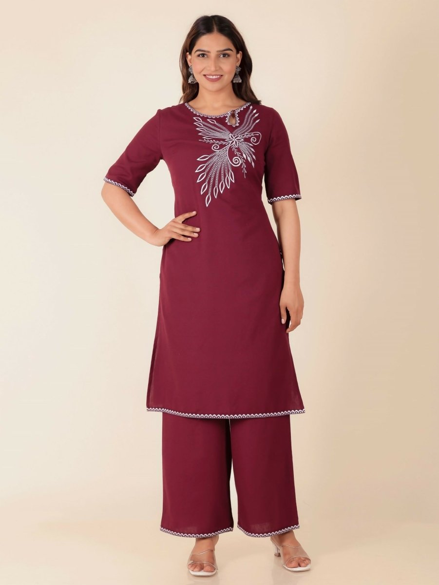 Aramya Maroon Linen Cotton Solid Print Straight Kurta Set for Women