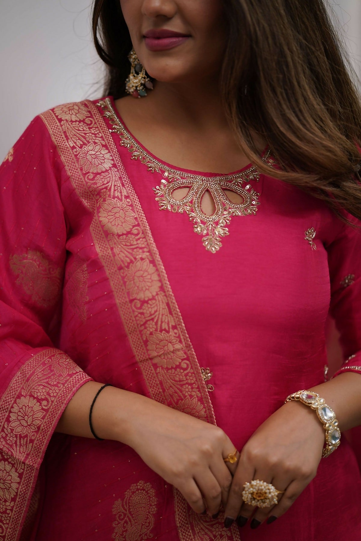 The52 Gajri Women's Gorgeous Embroidered Viscose Chanderi Fabric Straight Kurta Pant with Dupatta Set
