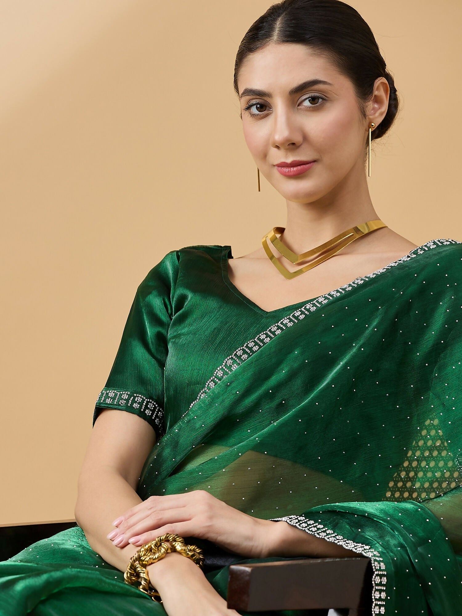 Green Organza Swaroski Diamond Work Saree with Unstitched Blouse - Radha