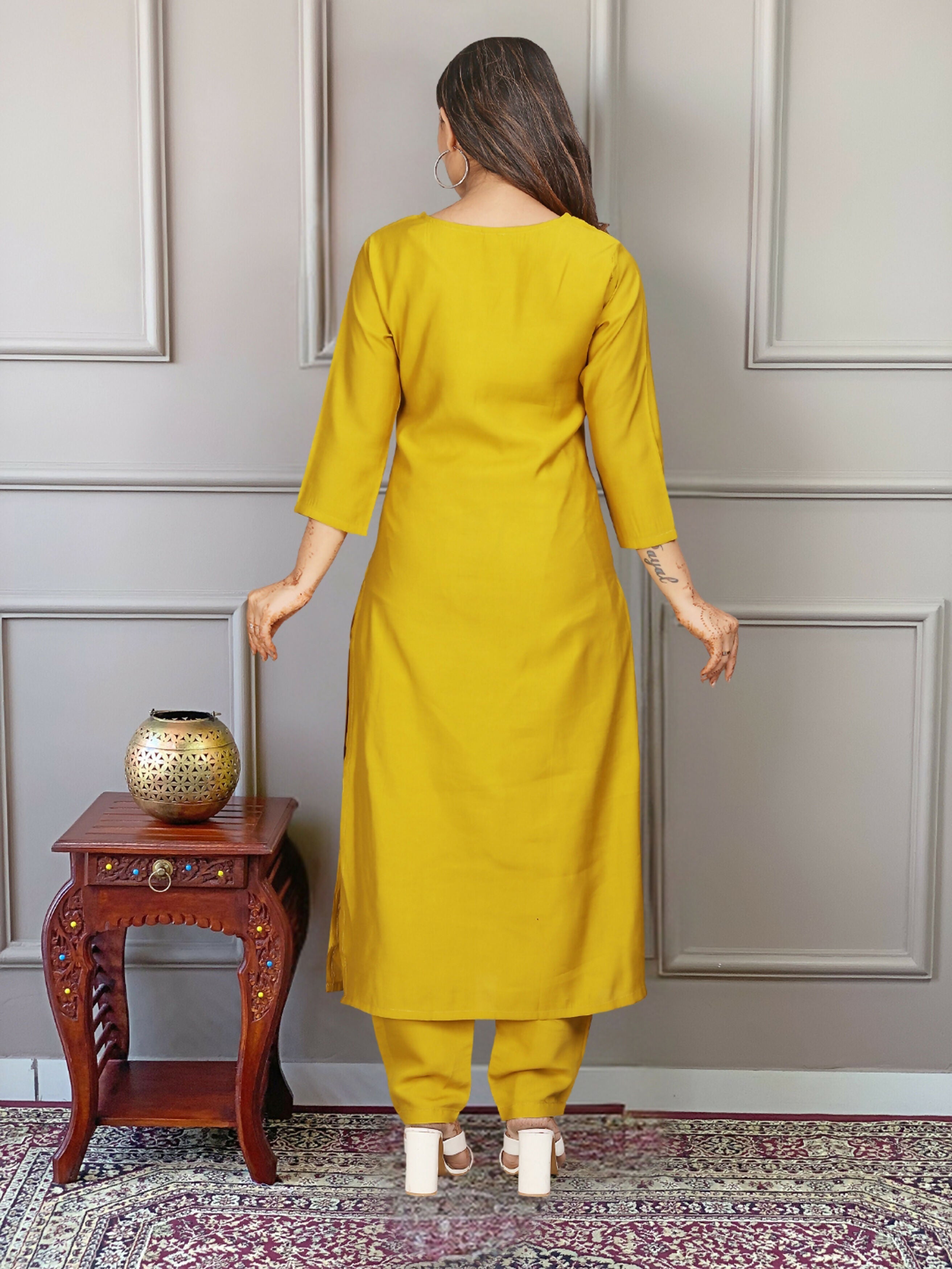 PartywearDesigner Viscose Yellow Stitched Suit With Dupatta - Tanisha