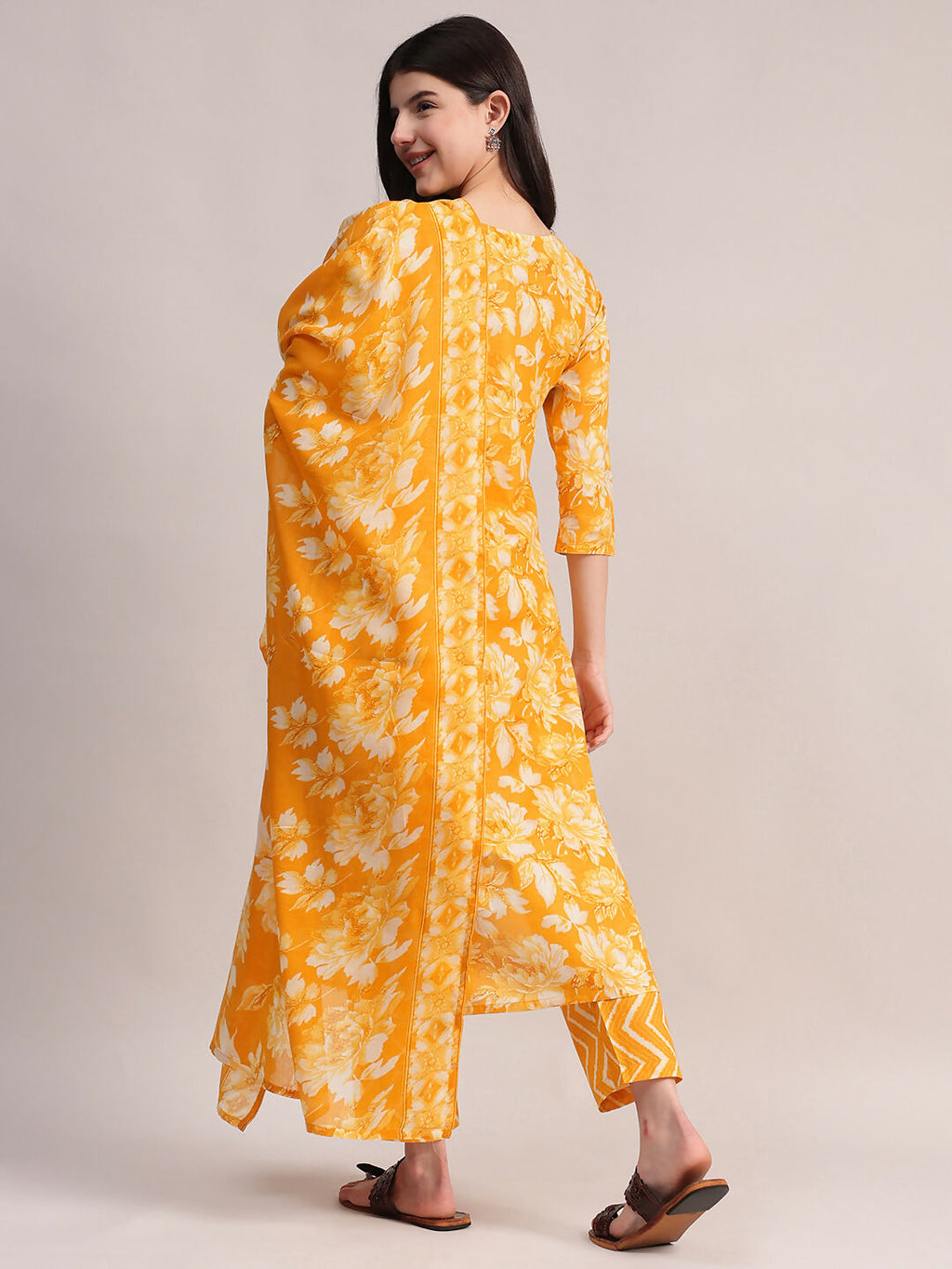 Aavyora Women Mustard Yellow Floral Printed Kurta with Chevron Printed Pants & Dupatta Set
