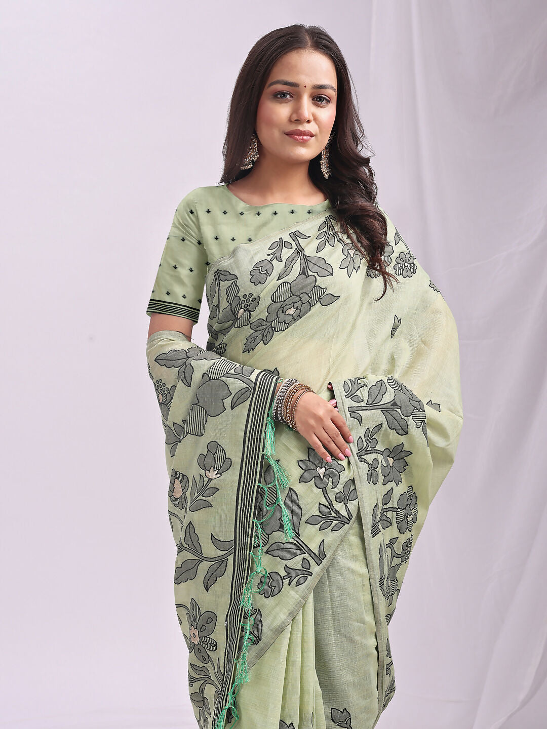 Shree Shyam Fashion Kashira Light Green Linen Cotton Saree