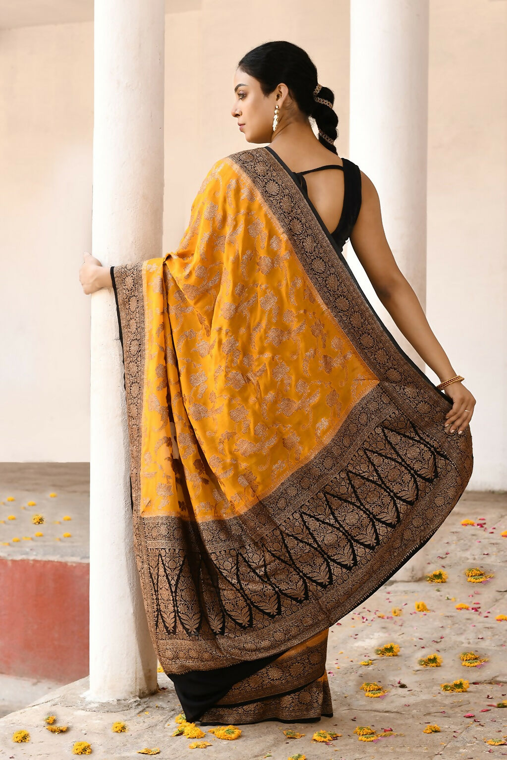 Joban Fashion Yellow Crepe Chiffon Pure Handloom Banarasi Silk Saree