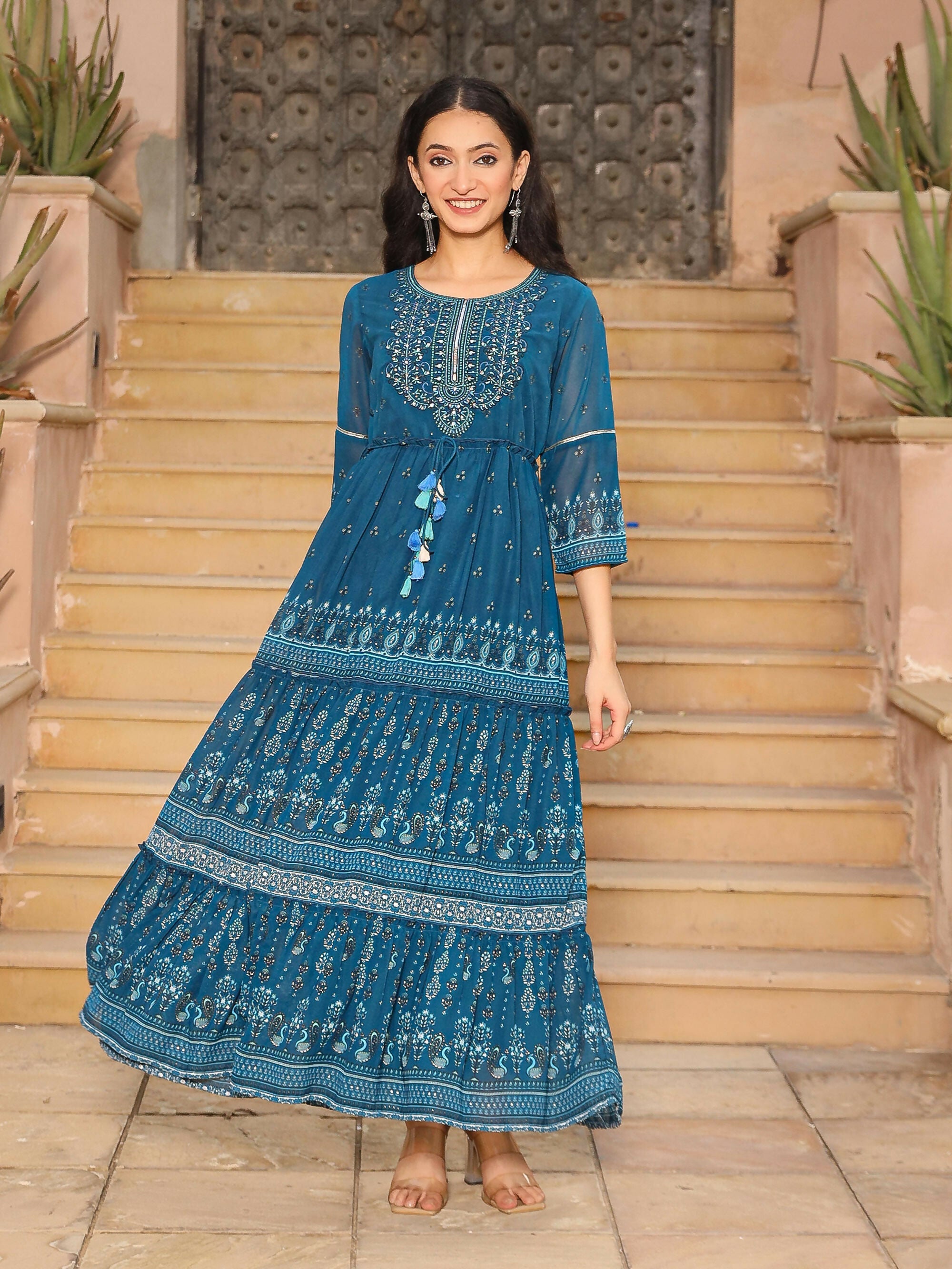 Juniper Women's The Dholitaro Blue Ethnic Motif Printed Georgette Tiered Dress With Sequins & Doris At Waist
